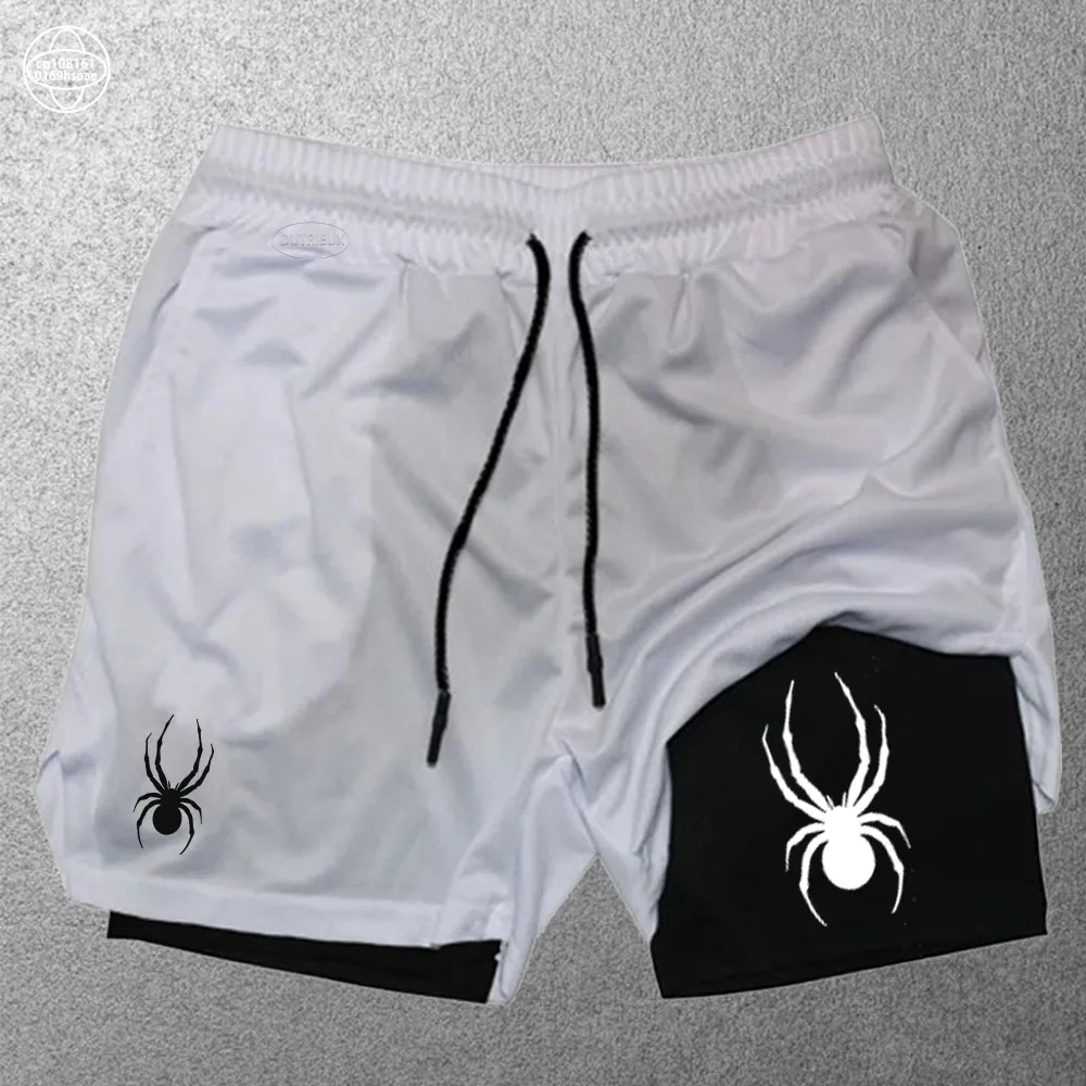 Spider Print Running Shorts Men Gym Sports Shorts 2 In 1 Quick Dry Workout Training Gym Fitness Jogging Short Pants Summer