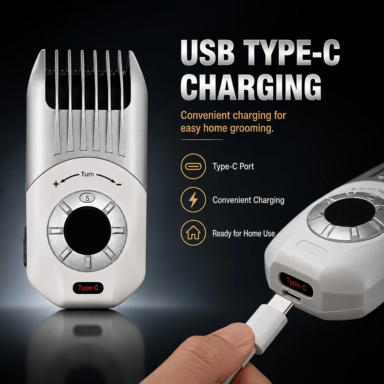 Electric Hair Clipper for Home Use, Rechargeable Cordless Portable Hair Trimmer for Adults and Children, Adjustable Blade Length, Multi-Level Trimming, Type-C Charging, Lightweight and Portable, Comfortable Grip, Low Noise, Household Hair Cutting Tool, Suitable for Men's Short Hair Trimming, Sideburn Trimming, Daily Styling, Beginner-Friendly Hairdressing Tool 3