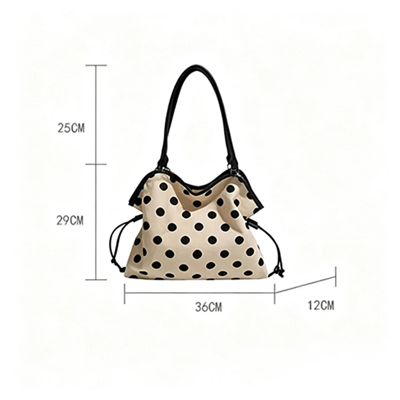 Koreanische Schultertasche aus Baumwoll-Leinen mit Polka Dots, Damen-Patchwork-Tragetasche mit großem Fassungsvermögen, vielseitige Freizeit-Handtasche für den Arbeitsweg – Detail 1