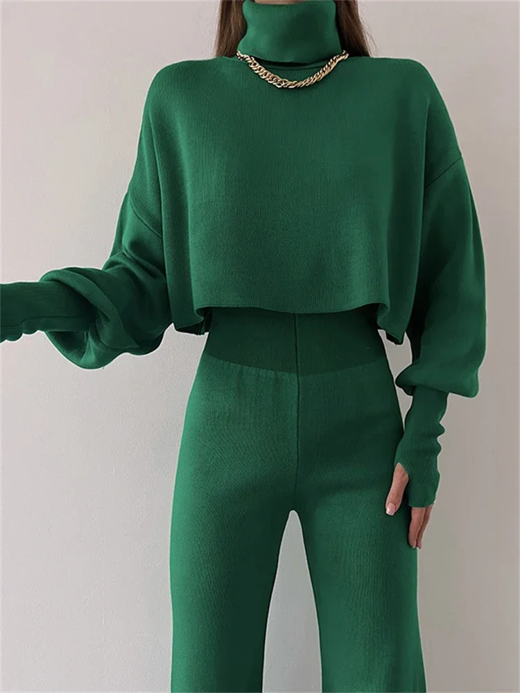 Turtleneck Two Piece Outfits For Women Lantern Sleeve Cropped Top And Straight Leg Pants Sets Tracksuit Casual Outfits