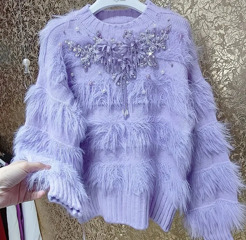 Fairy Pearls Beaded Tassels 3D Flowers Embroidery Mohair Sweater Purple Mink Jumpers Cashmere Pullovers Plush  Knitwear Crop