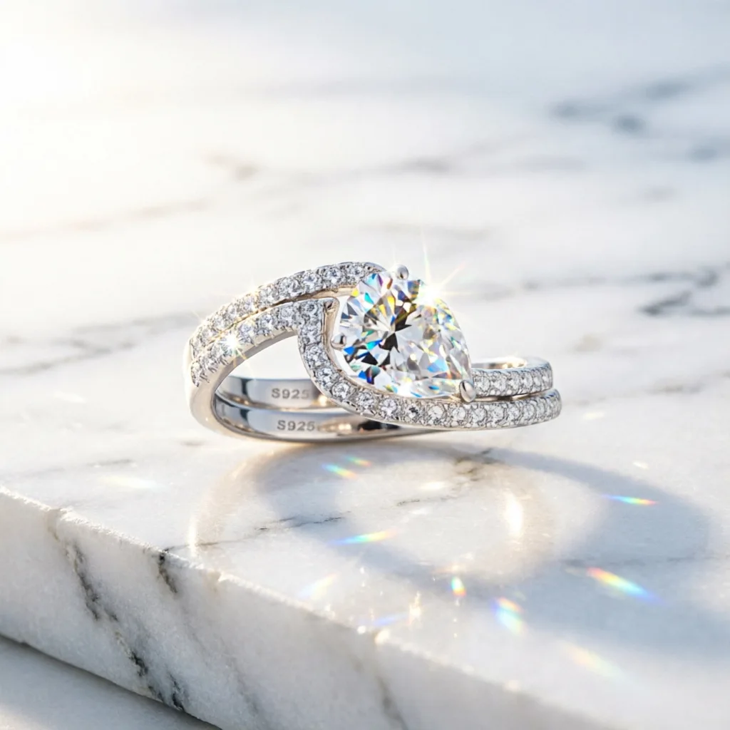 Hot selling 100% S925 sterling silver 6 * 8 zircon diamond sterling silver ring set combination 1.25ct set for wedding jewelry