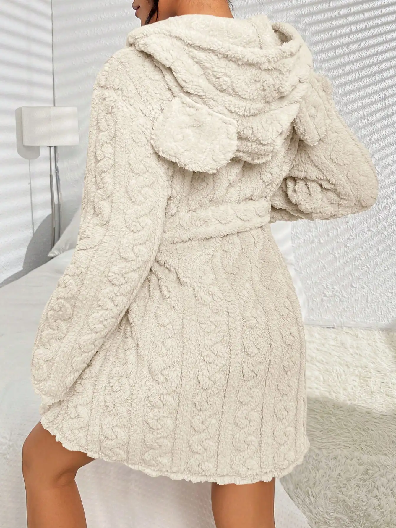 Robe à capuche décontractée tricotée abricot pour femmes, longueur cuisses, avec ceinture, manches régulières, pour vêtements de nuit confortables, pour l'automne