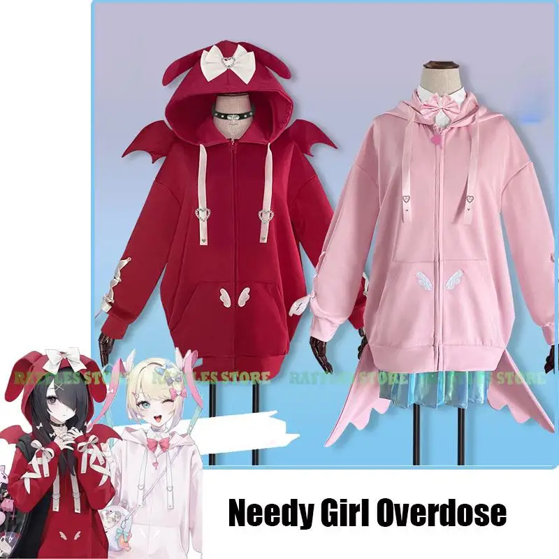 

Needy Girl Overdose Kangle Ame Cosplay Costume Devil Demon Hooded Sweatshirt Anime Game Angel Cosplay Red Pink Skirt Set