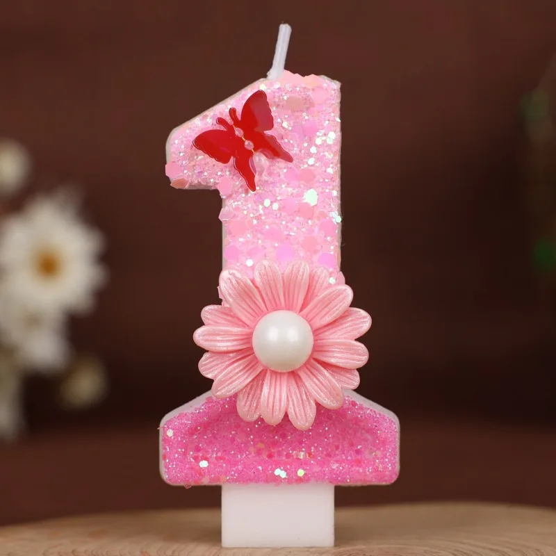 Sequins pink flower butterfly digital birthday candle cake party decoration birthday handmade candle 0-9
