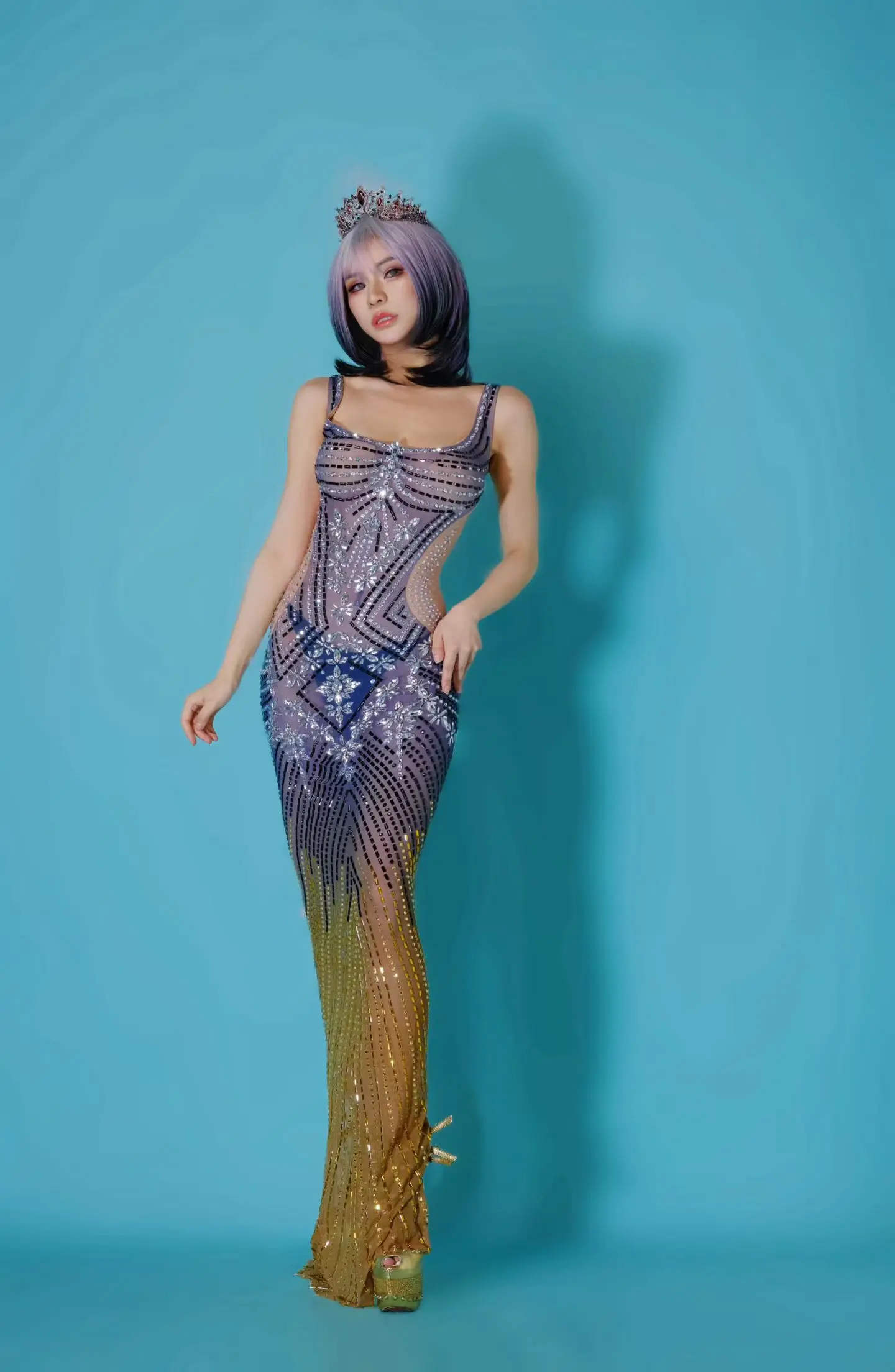 

Jinlan Luxury Women Dress Multicolored Rhinestone Transparent Mesh Suspender Dress Sexy Bar Prom Gowns Long Evening Dress