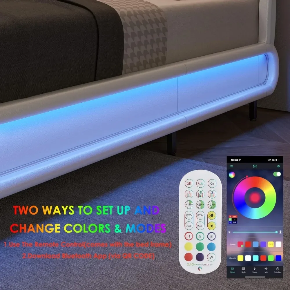 Struttura letto imbottita con LED intelligente, letto a piattaforma con testiera regolabile, base materasso moderna con doghe in legno