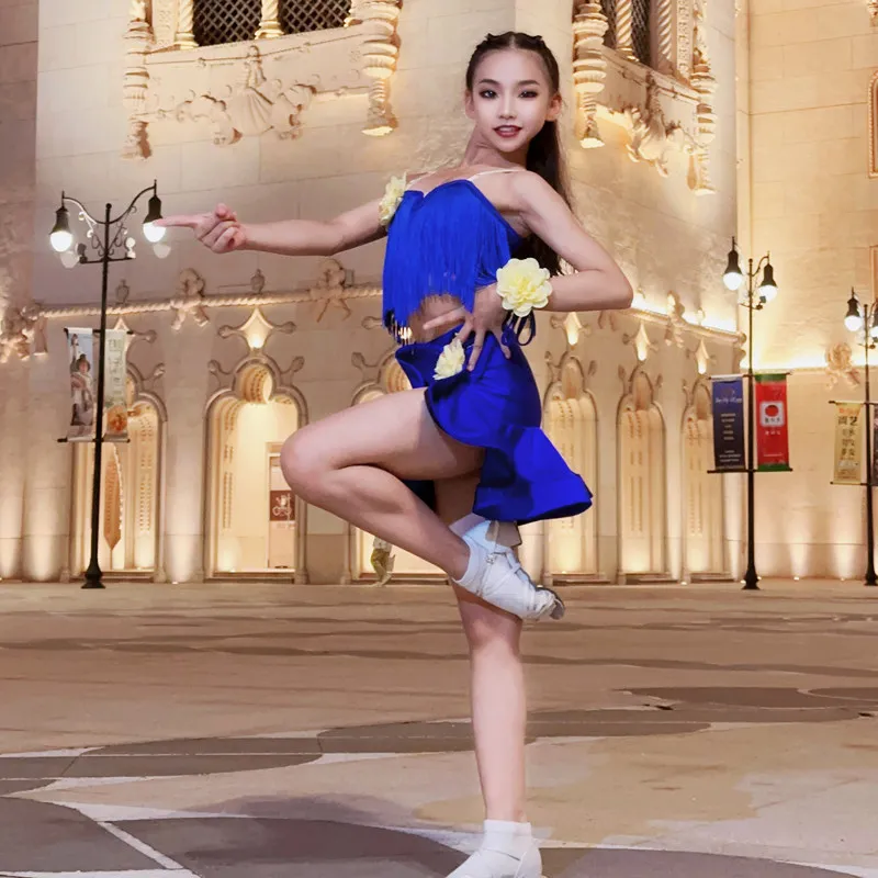 Girls Blue Fringe Floral Frill Split Latin Dance Set Fresh And Fashionable For Kids Daily Training Competition Stage Performance