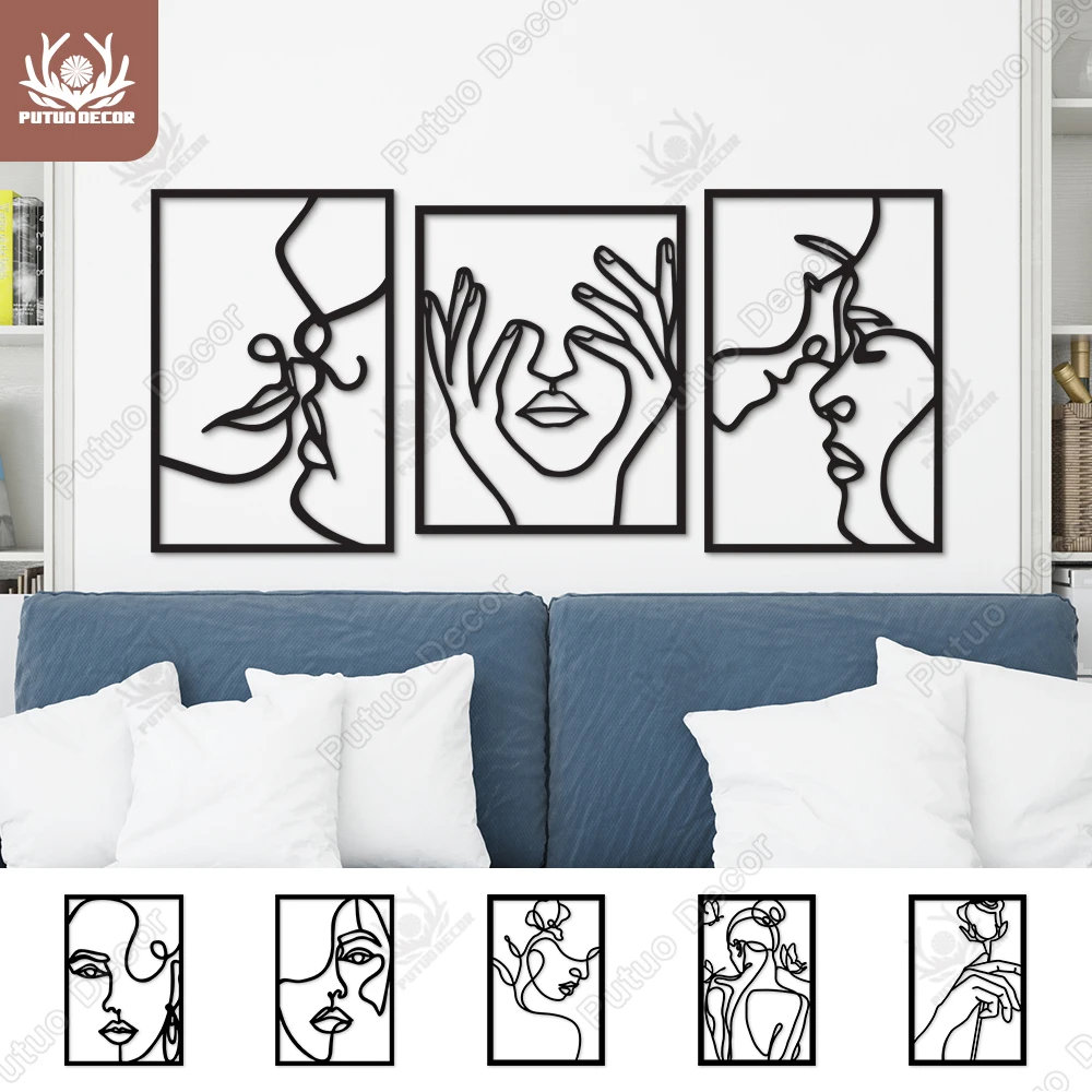 

Putuo 3Pcs Woman Face Silhouette Black Wooden Line Art Living Room Bedroom Home Wall Decor Creative Ornament Beautiful Painting