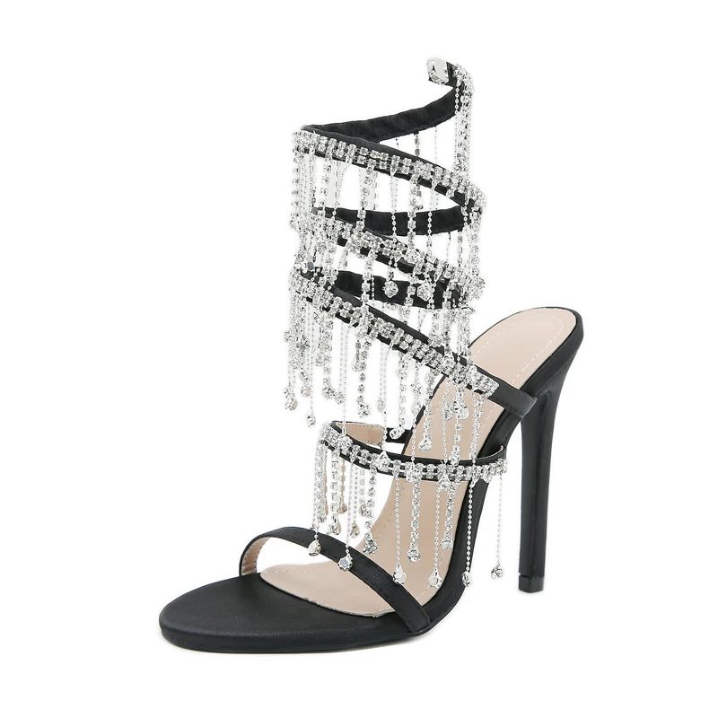 

Sexy Rhinestone Tassel Roman Sandals Woman String Bead Ankle Strap Stiletto High Heels Stripper Nightclub Party Pumps Shoes