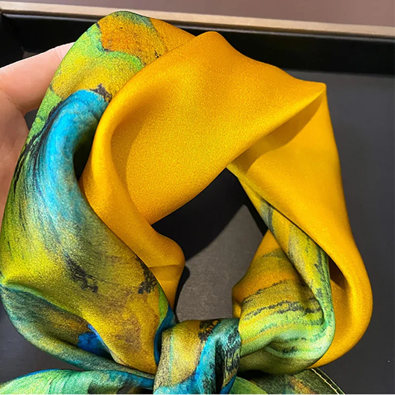 53cm Women Pure Silk Scarf Square Neck Kerchief Bandana Female Floral Hairbands Luxury Small Real Silk Satin Scarves