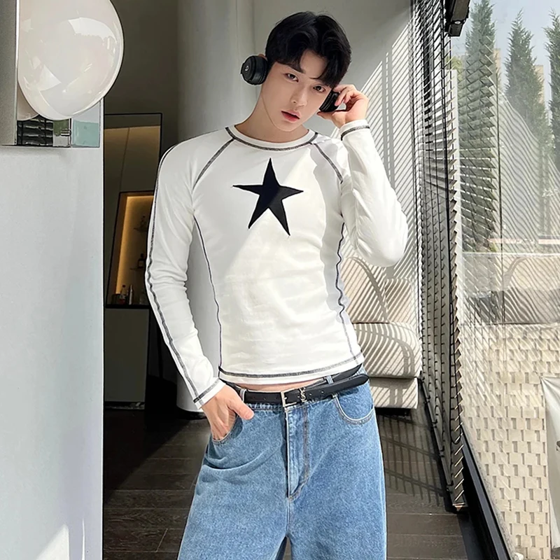 LUZHEN Star Printed Stripe Splicing Design Long Sleeve T-shirts Men's Original New Niche Design Stylish Street Men's Tops LZ6719