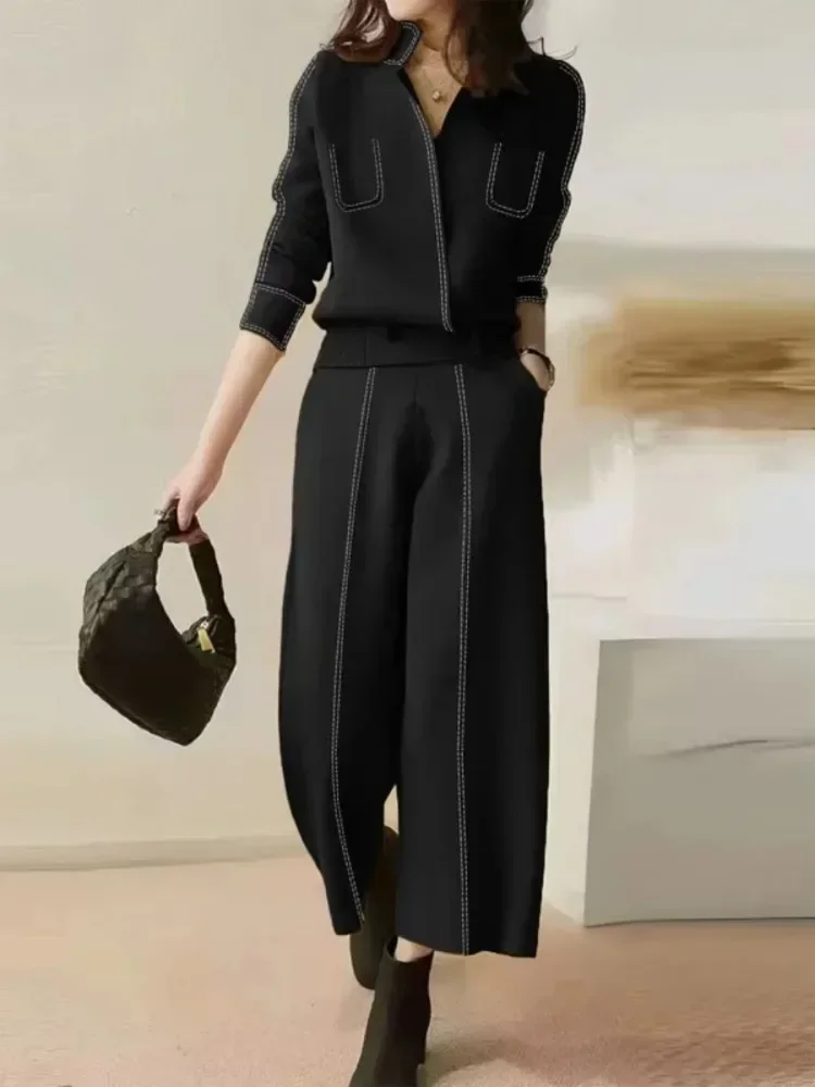 Lemongor Office Lady Commute Suits 2024 New Autumn Long Sleeve Split-Joint V-Neck Cardigan Tops & High Waist Loose Casual Pants