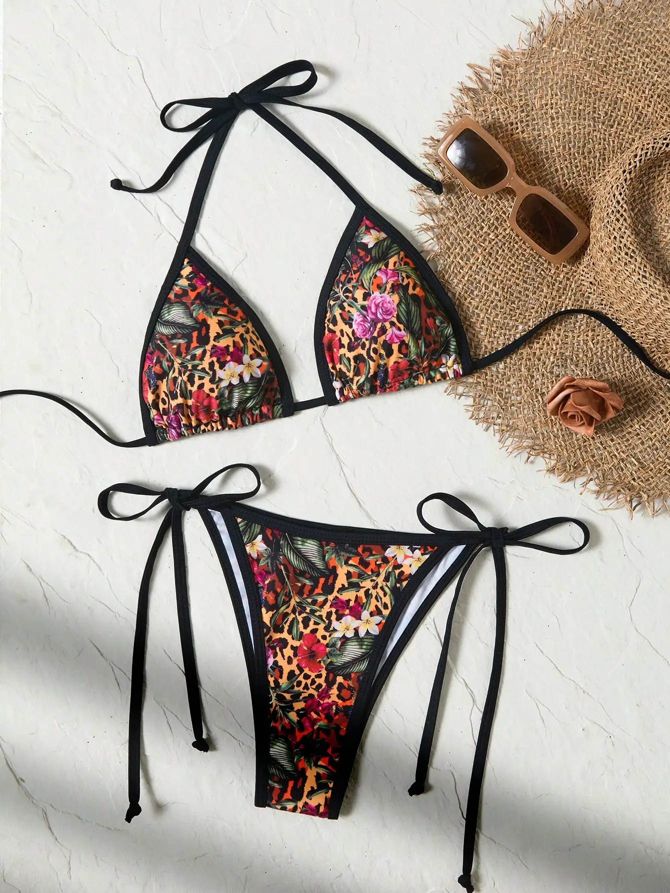 

2-Piece Floral Leopard Print Tie-Up Halter Bikini Set for Summer Beach