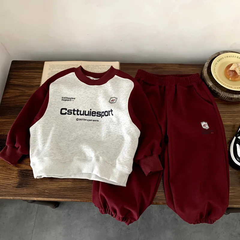 

Boys Set 2025 Autumn Winter Fashion Trendy Casual Patchwork Letter Print Sweatshirt Loose Sweatpant Two Piece Set