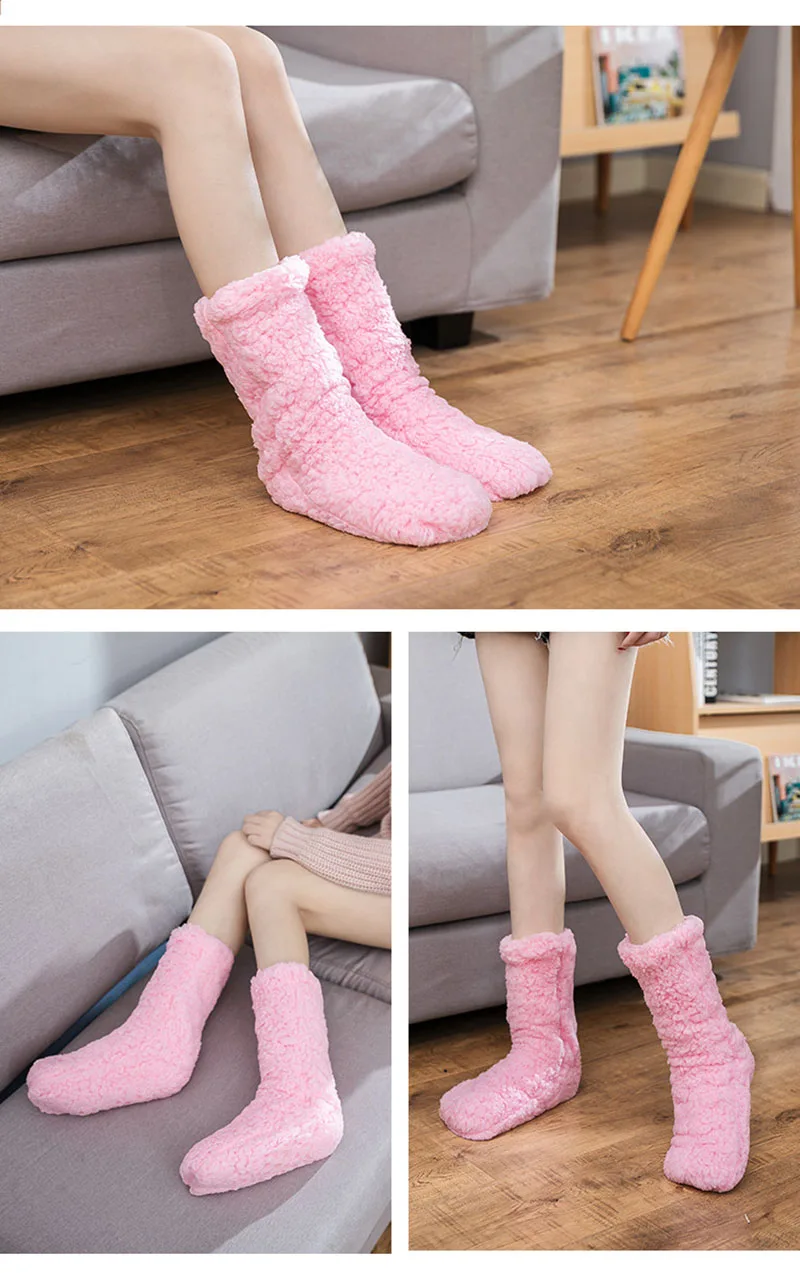 Anti-slip Silicone Floor Socks Women Autumn Winter Velvet Coral Fleece Socks Sleep Home Slippers Snow Socks Solid Color Socks