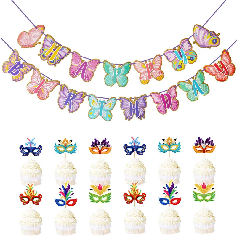 

Coloful Butterfly Banner Cake Topper Face Mask Masquerade Cosplay Happy Birthday Wedding Bride Cupcake Decor Party Supplies