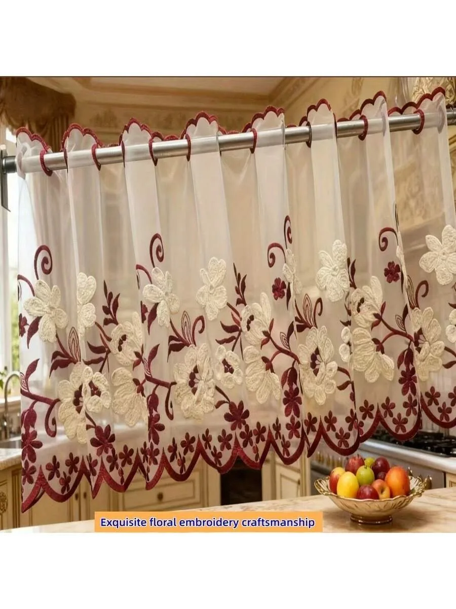 1pc Embroidered Floral Pattern Short Curtain Panel, French Romantic Style Small Window Curtain/Divider Suitable For Living Room