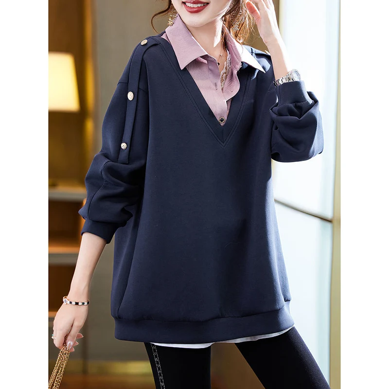 Fashion Lapel Spliced Button Fake Two Pieces Sweatshirts Women Clothing 2024 Autumn New Loose All-match Tops Casual Sweatshirts