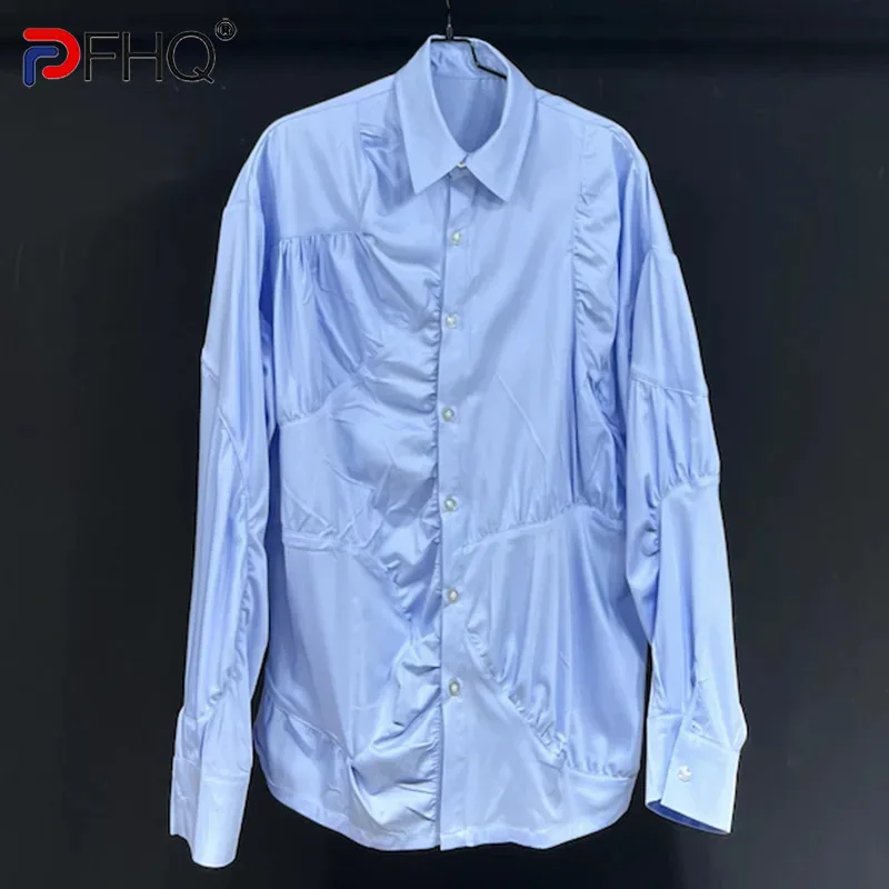 

PFHQ Men's Pleated Shirts Summer Creativity Versatile Solid Color Breathable Temperament Thin Lapel Casual Tops Outdoor 21Z4461