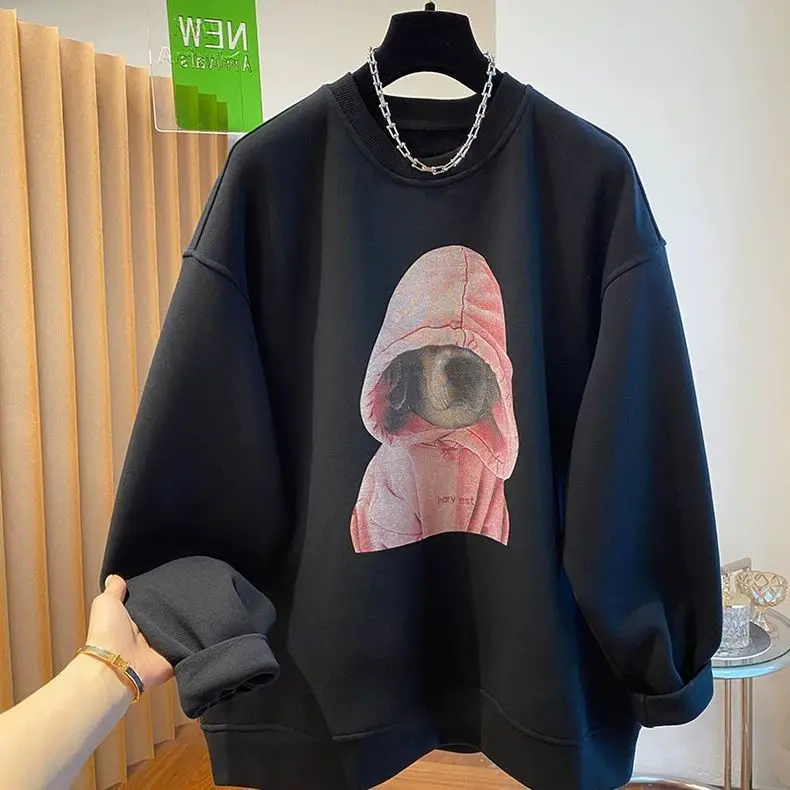 

Худи оверсайз из 100% хлопка с принтом «Маленькая собака» для весны и осени, в американском стиле, с длинными рукавами