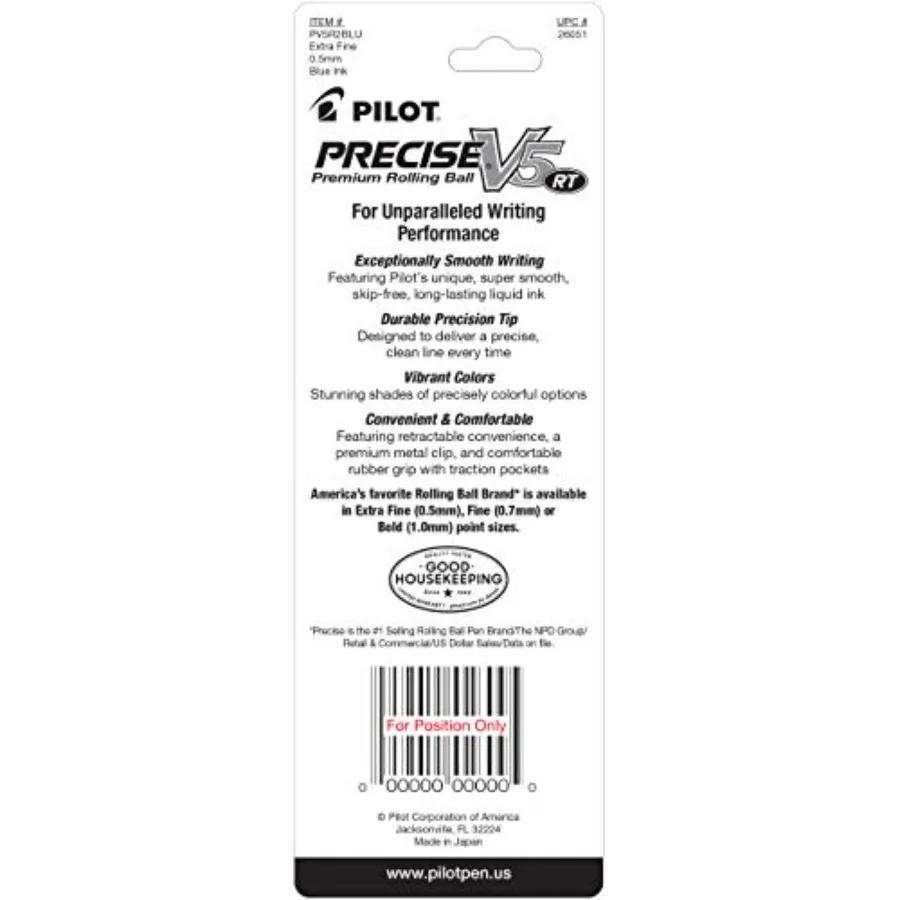 Pilot Precise V5 RT Refillable and Retractable Liquid Ink Rolling Ball Pens, Extra Fine Point 0.5mm Blue Ink, 4-Pack (26051) view 2