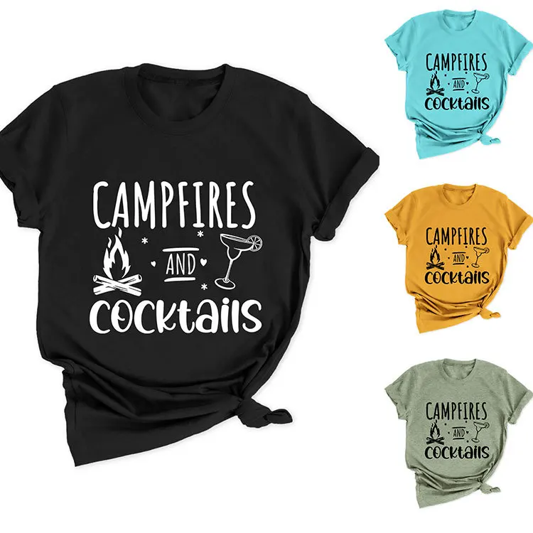 Summer crewneck loose T-shirt campfires cocktails Campfires printed casual short-sleeved top