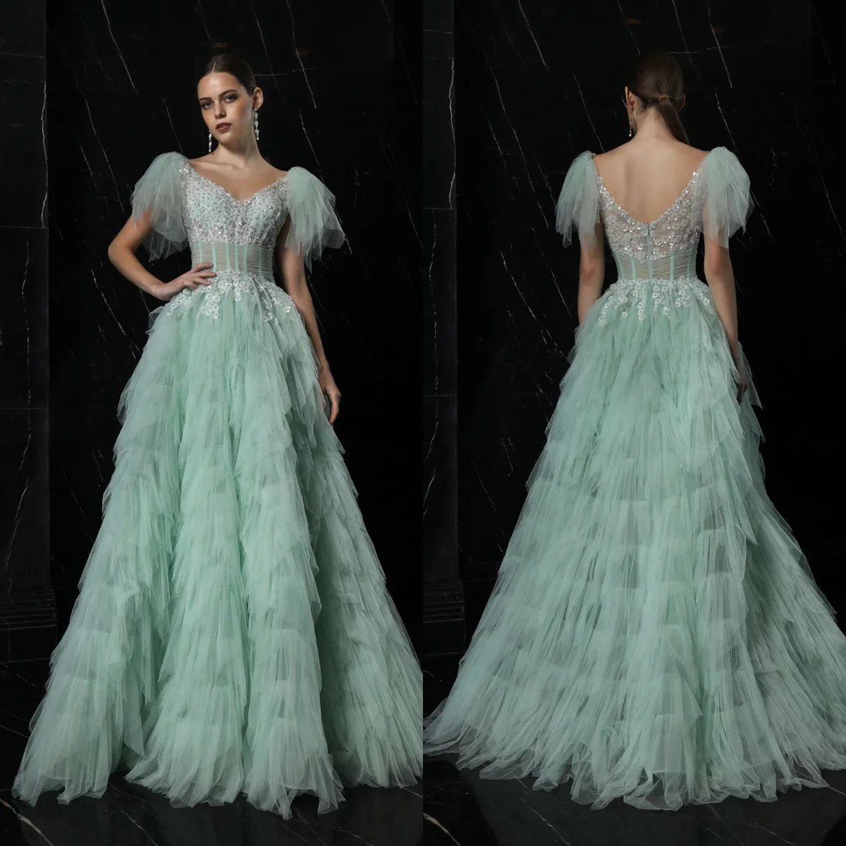

Sage Green Prom Dresses For Women Tiered Tulle Ruffles Evening Dress A Line Lace Beading Formal Party Gown Customized