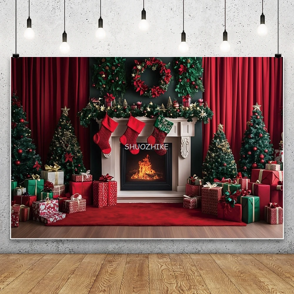 عيد ميلاد سعيد التصوير خلفية شجرة عيد الميلاد الموقد سانتا هدية جورب الأسرة الطفل صورة خلفية ديكور استوديو الصور