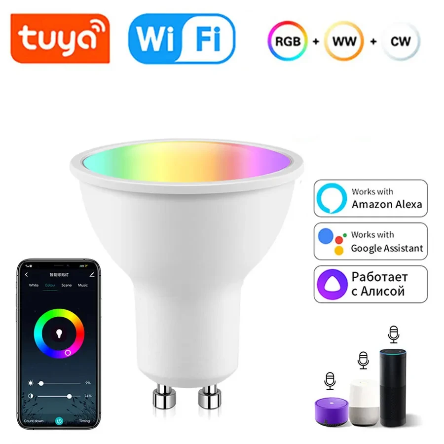 

220 В 110 В 5 Вт 7 Вт 9 Вт Tuya WiFi GU10 Светодиодная лампа Прожектор Smart Alexa Лампа Smart Life Приложение Дистанционный Google Assistant Echo Голосовое управление