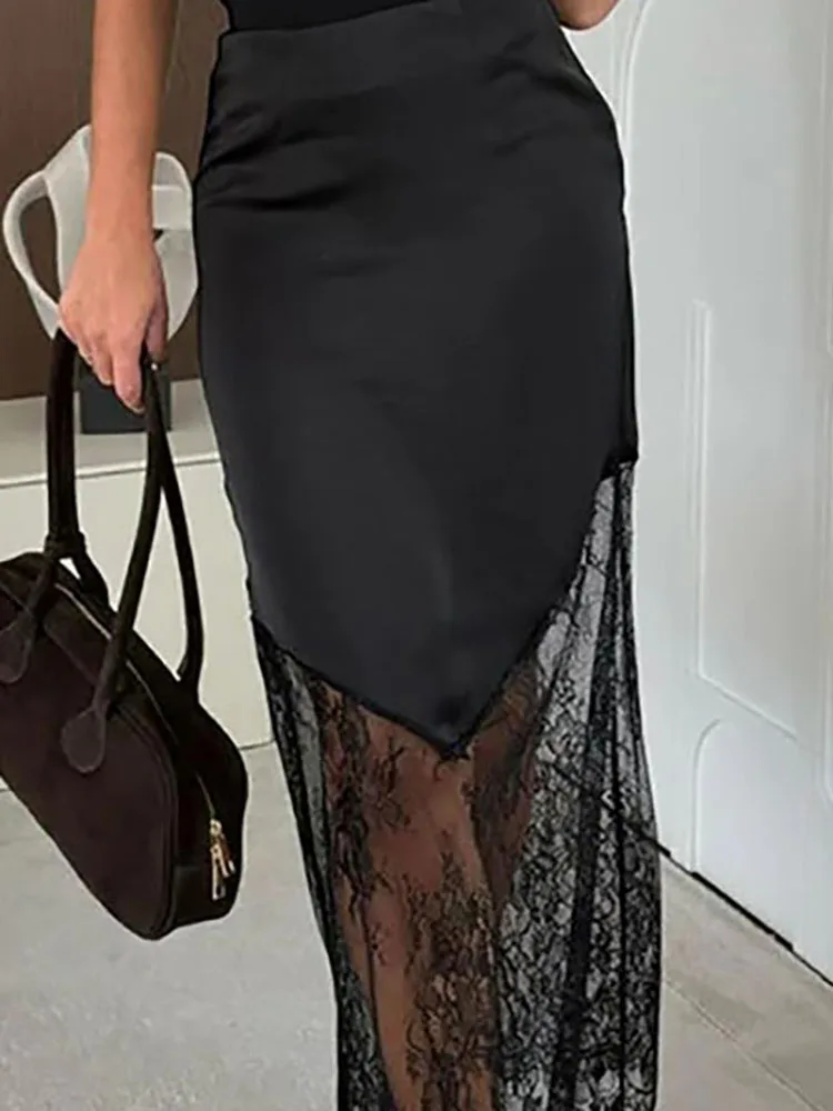 

FashionTemperament Lace Patchwork Long Skirts Casual High Waist Solid Color Irregular Skirt Women Elegant Autumn Office Skirts