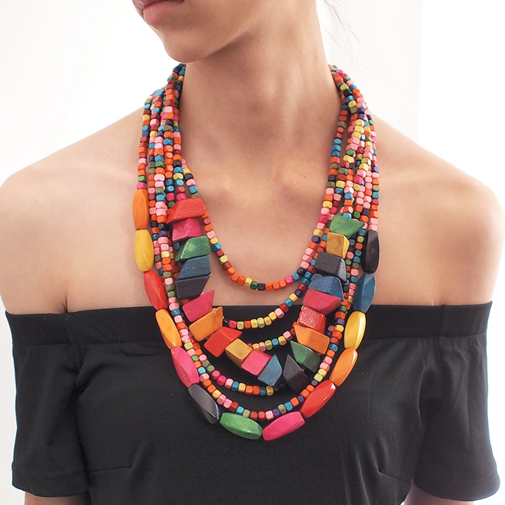 Multilayer Wood Bead Choker Necklaces For Women Handmade Beaded Pendant Statement Colorful Necklace Bohemian Fashion Jewelry image 2