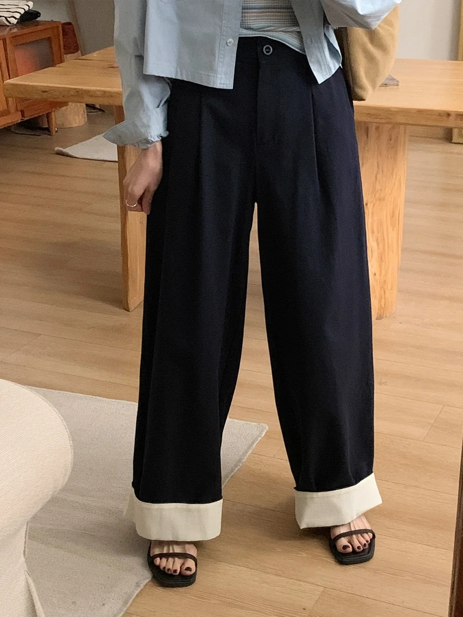 

Loose Wide Leg Casual Pants Women's High Waist Straight Cut Elastic Waist Turn up Autumn New Style Comfortable Loose Fit Trou...
