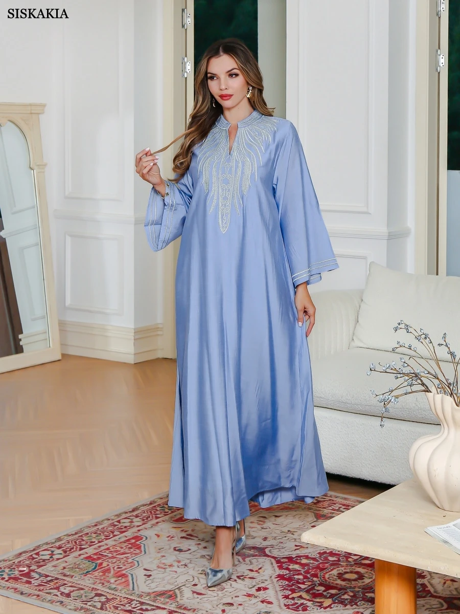 

Siskakia New Ramadan Muslim Elegant Embroidery Women Evening Dress Women's Clothing Dubai Solid Maxi Abayas