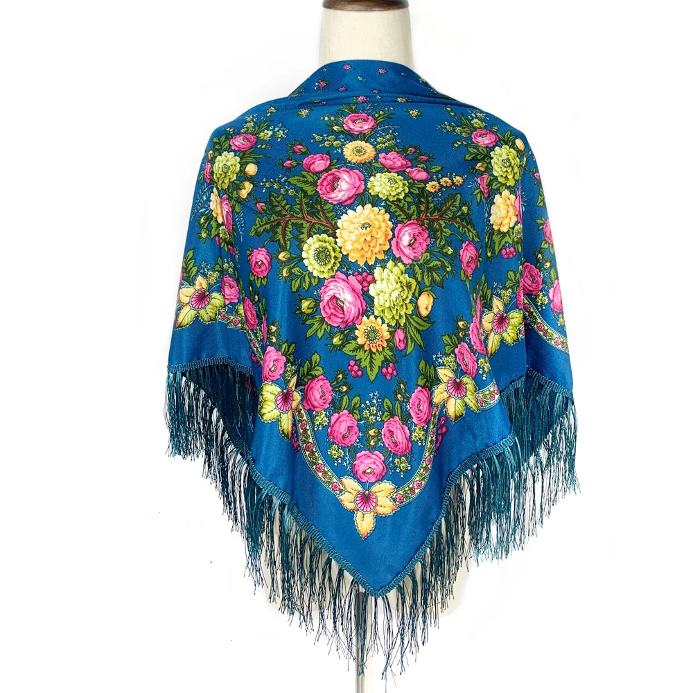 

Women Retro Ukrainian Fringed Shawl Babushka Bandana Handkerchief Female Head Wraps Russian Floral Print Square Scarf