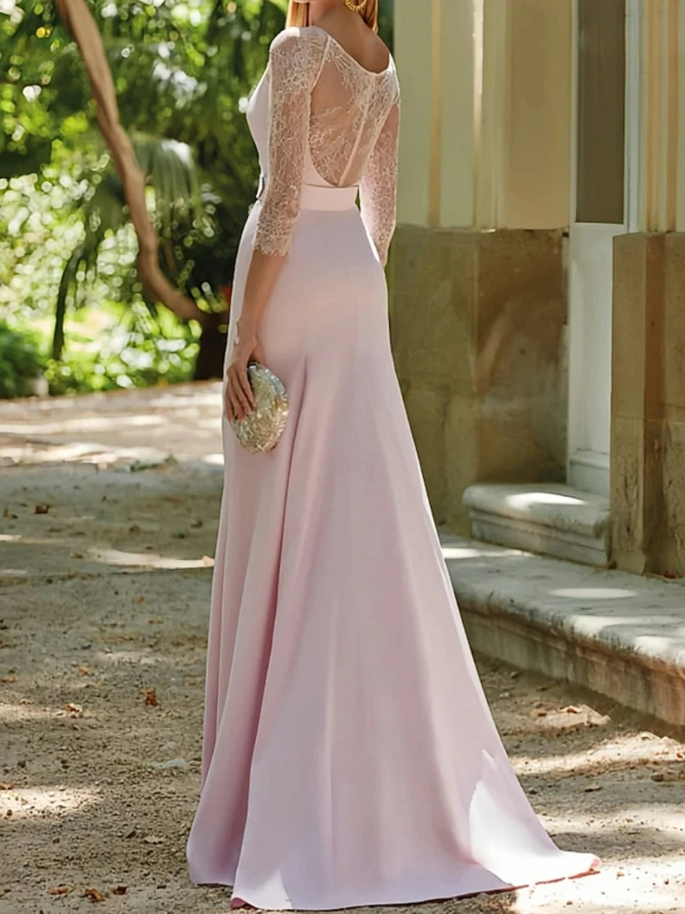 Mother Of The Bride Dress Wedding Guest Modest Scoop Neck 3/4 Sleeve Evening Dresses Customized Pink Sheath Front Slit Prom Gown