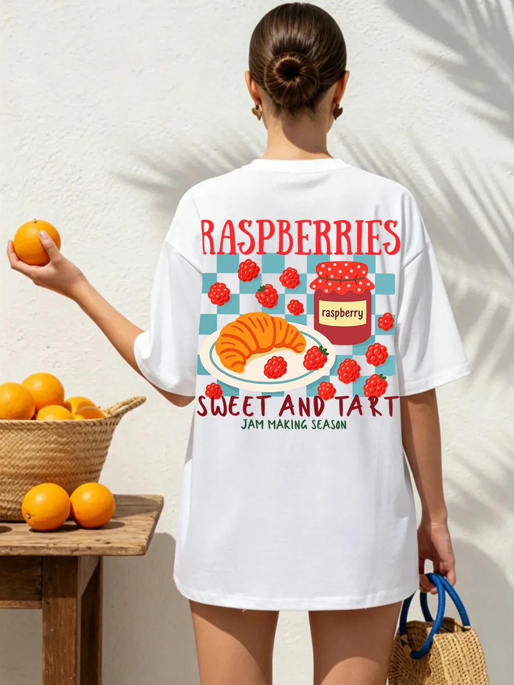 Summer T-Shirts Cotton Womens Raspberries Jam Making Season Printing Tops Comfortable Soft O-Neck T Shirt Holiday Woman Clothes