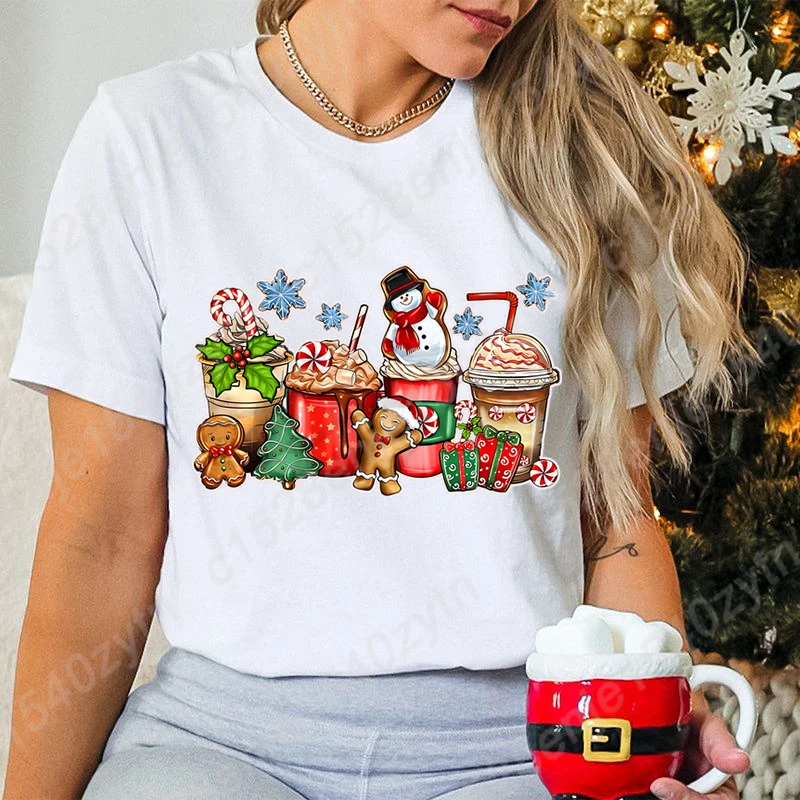 

Christmas Beverage Print T-shirts Women Summer Round Neck Tee Shirts New Fashion Solid Color T-Shirts Ladies Popular Loose Tees