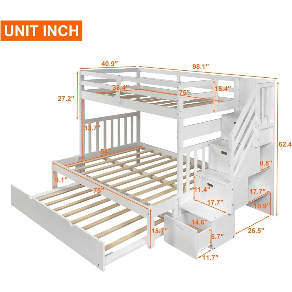 Stairway Twin Over Twin/Full Bunk Bed with Twin Size Trundle,Solid Wood Bunk Bed Staircase Can be Placed on Left or Right Side