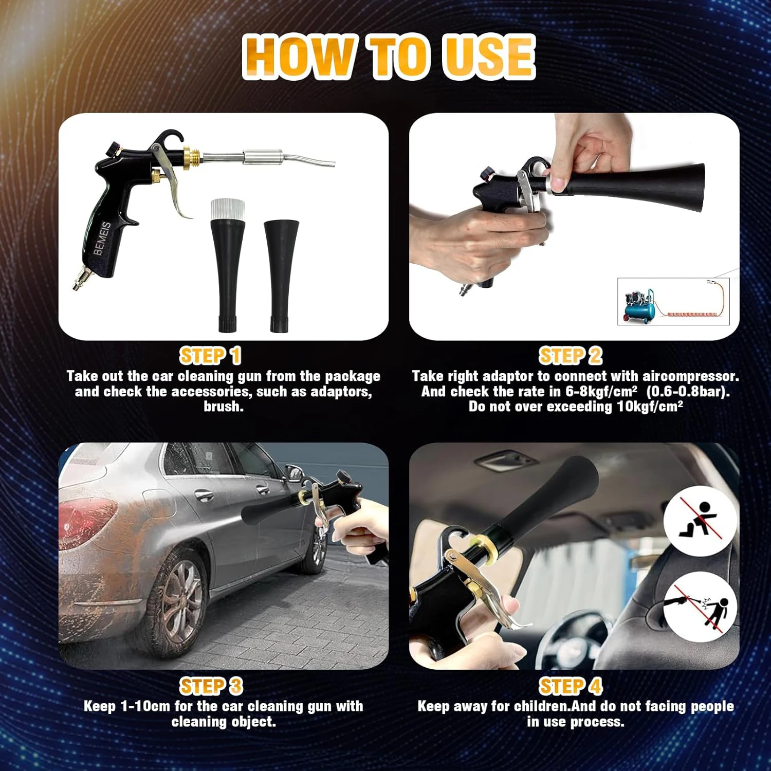 High Quality Portable  Japanese Stainless Bearring Tube Dry Wash Tornado Blowing Gun with Air Regulation