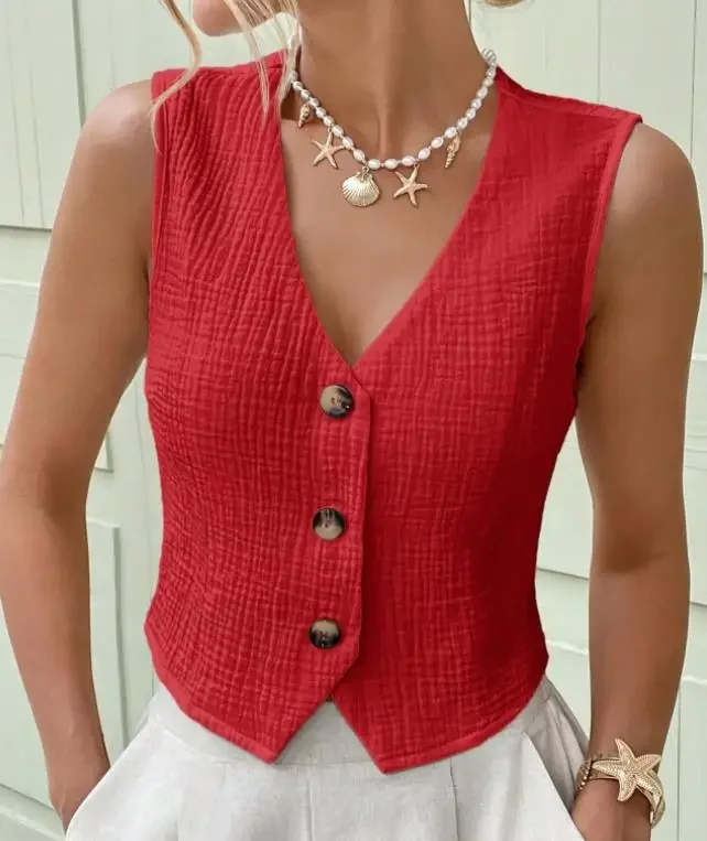 Fashion Commuting New Women's  Solid Color Versatile Cardigan Front Button Vest Top