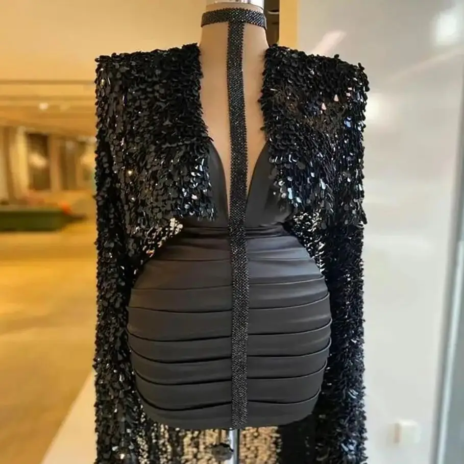 Vestido corto de noche de satén con lentejuelas, traje de diseño de lujo con cuello Halter y volantes, elegante, para desfile, 2023