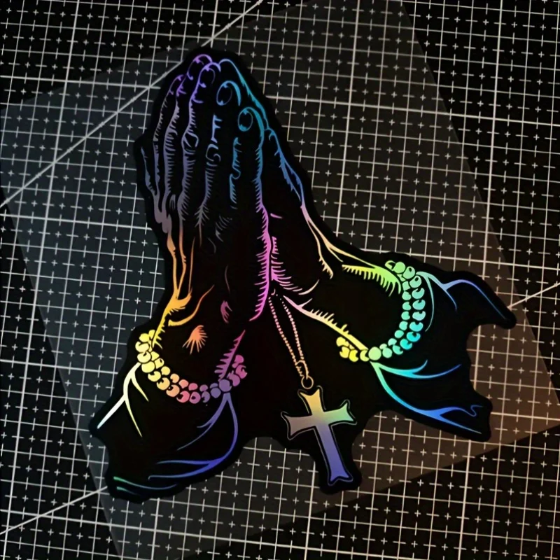 AliExpress NONE 1PC Laser Jesus Christ Prayer Hands Pearl and Cross Pendant Sticker - Colorful Religious Car and Motorcycle
