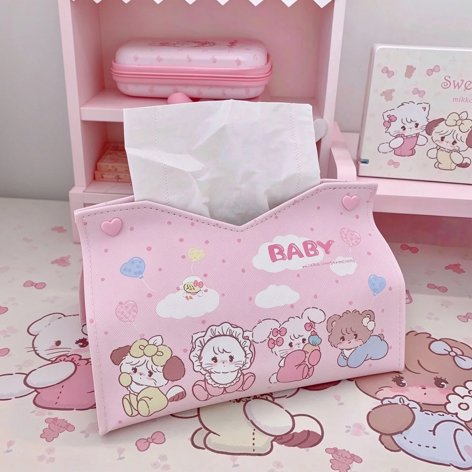 Cute Mikko Printed Tissue Box Napkin Holder Desktop Car Paper Towel Container Kawaii Home Living Room Decoration Gift