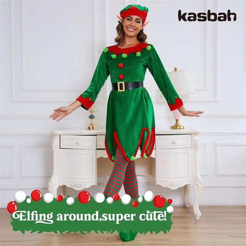 

Рождественское женское платье-костюм эльфа с длинными рукавами, круглым вырезом, контрастными цветами и привлекательным трапециевидным силуэтом