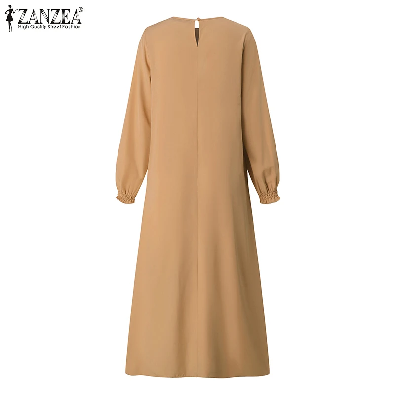 Eid Mubarek Muslim Abaya Dress ZANZEA Women Long Sleeve Solid Pleated Sundress Ramadan Robe Femme Loose IsIamic Clothing Kaftan