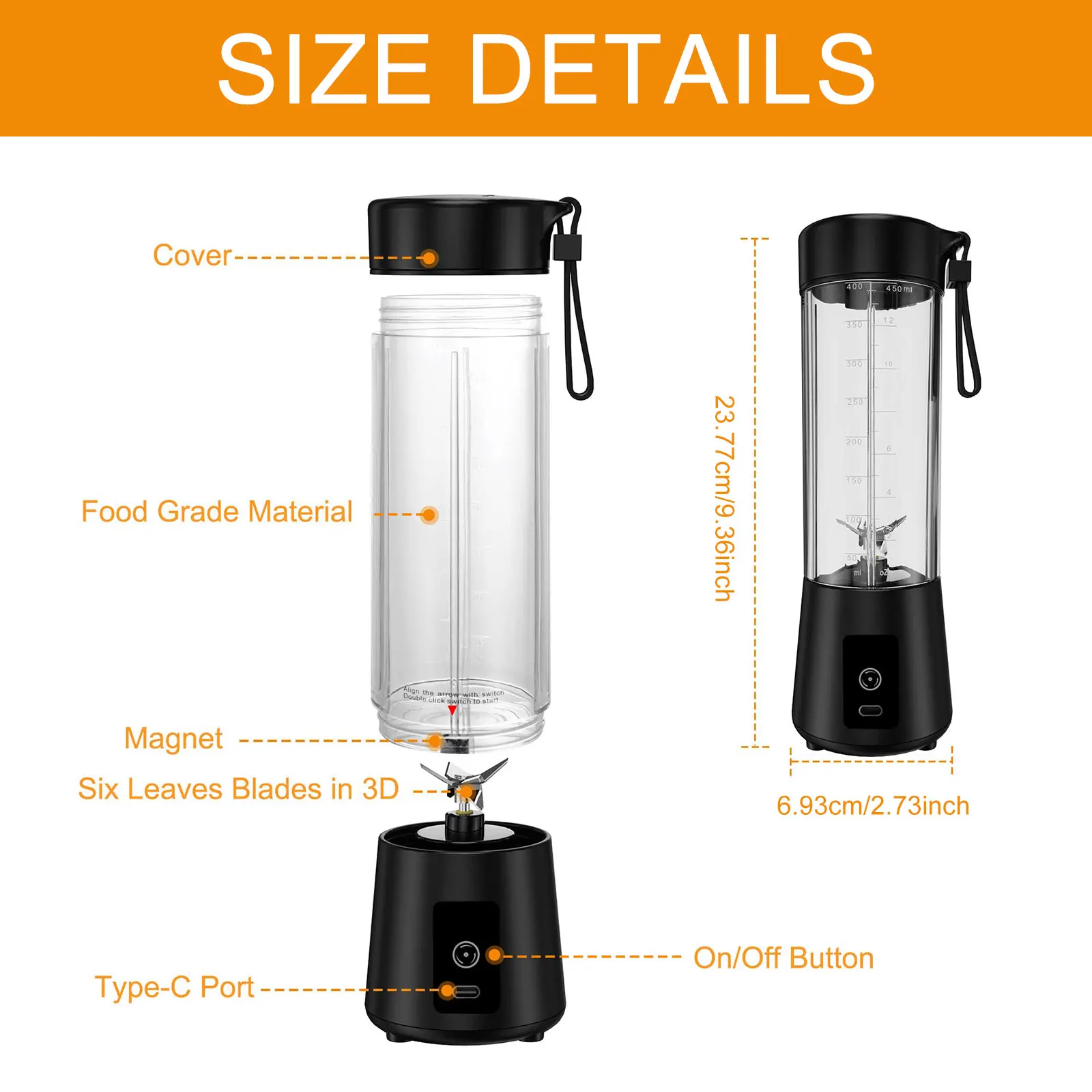 Portable Blender Mini Milkshake Mixer 400ml Fresh Juice Blender Bottle 4000mAh Personal Blender USB Rechargeable Travel Kitchen