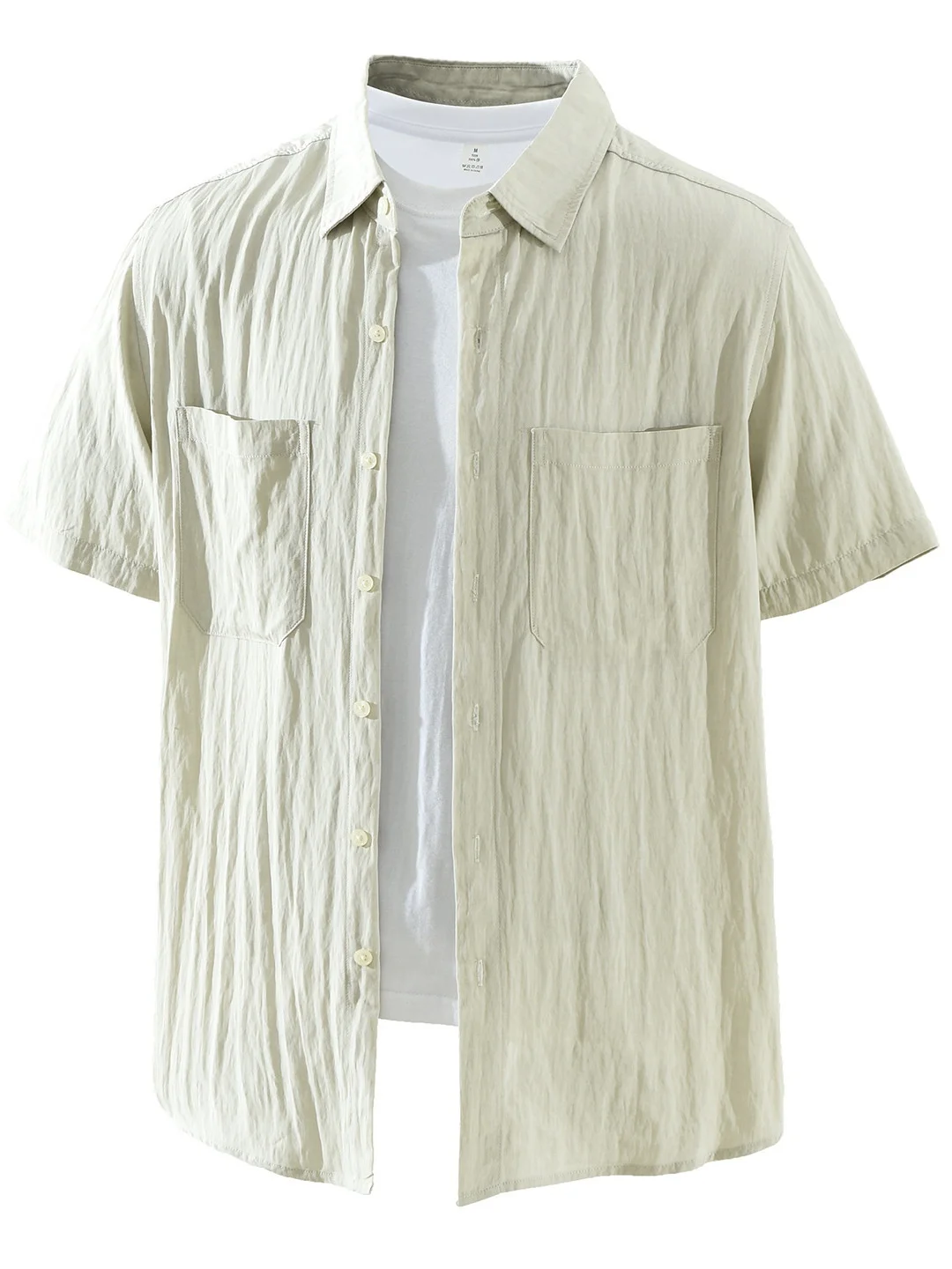 Casual Cotton Blend Men's Short Sleeve Shirt Summer New Style Wrinkle Texture Loose Fit Pure Color Versatile Trendy Button up