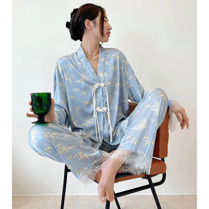 Spring Summer Chinese Style Silk Pajamas Cool V Neck Light Blue High-grade Luxury Homewear Lace Trim Youth Lady\'s Loungewear Set