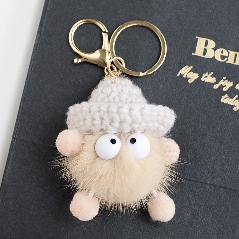 Cute Real Mink Fur Ball Pom Poms Natural Fox Pompom Monster With Knitted Beanies Keychain  Ring Handmade Pendant For Women R72